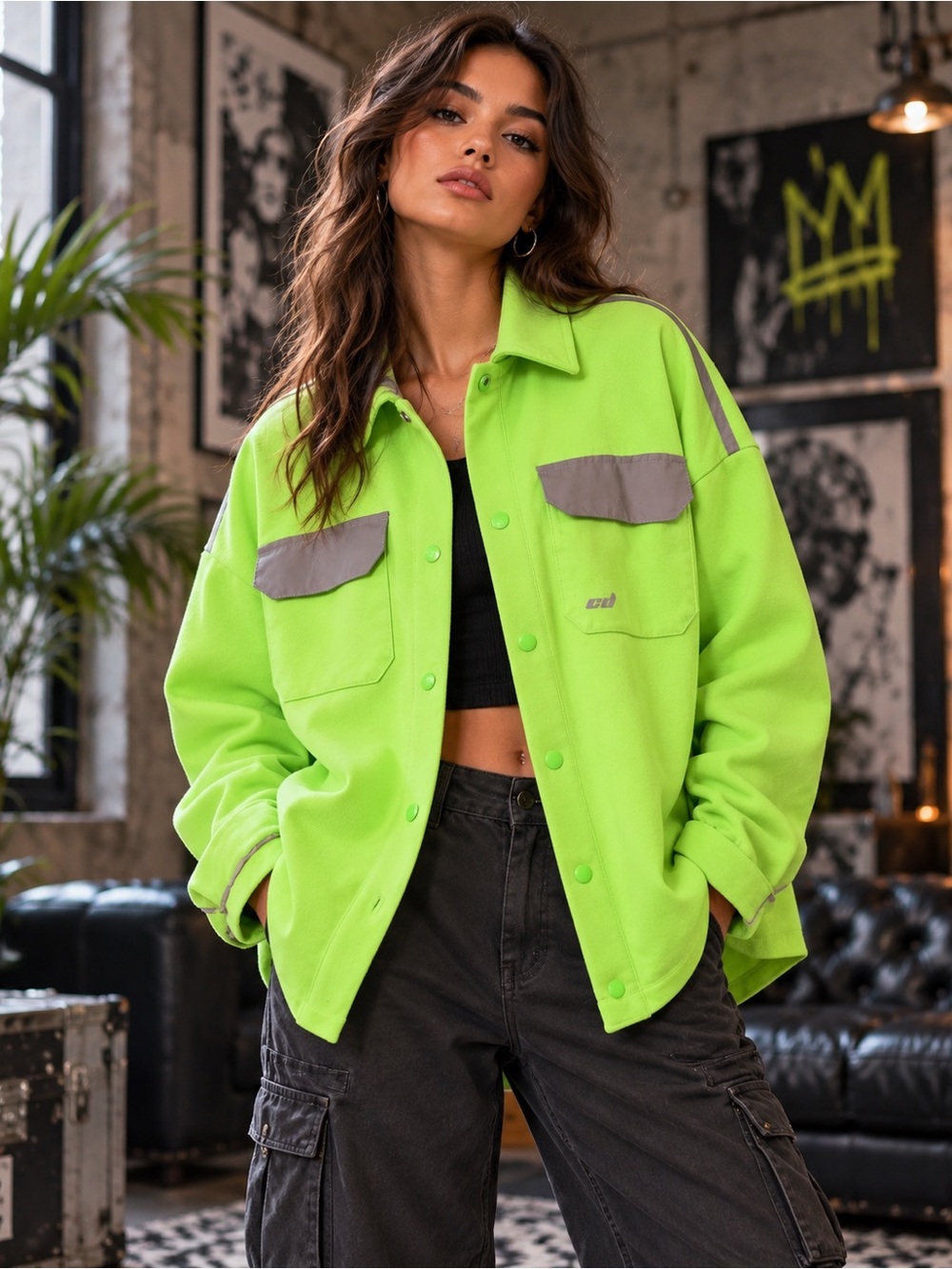 Criminal Damage London Neon Lime Reflective Utility Overshirt Size 8
